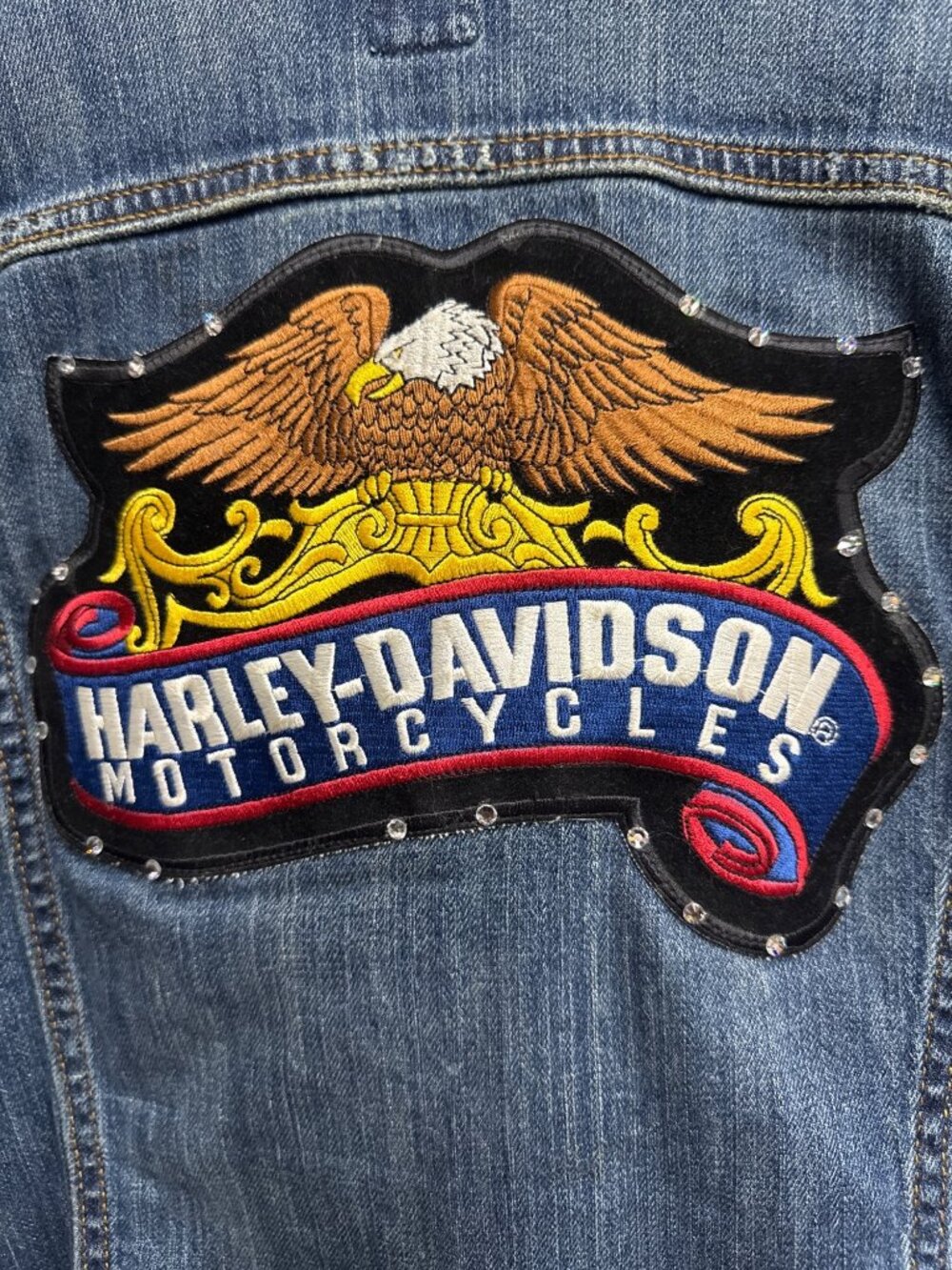 Up cycled Gap Womens XL Denim Jacket With Harley-Davidson & Green Mopar Muscle - Picture 5 of 6
